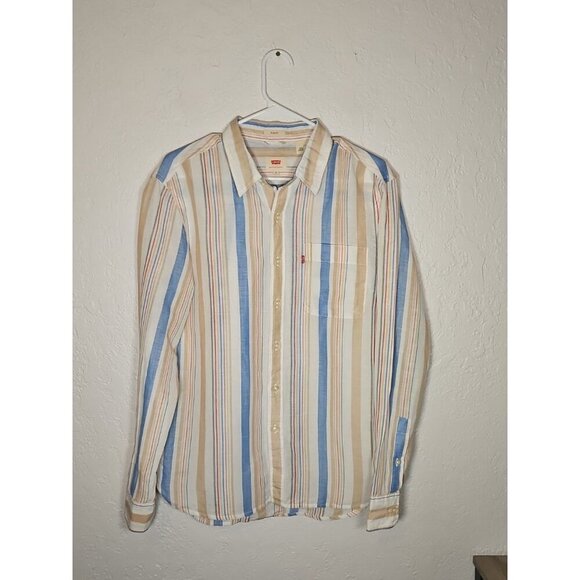 Mens Linen Blend Slim Fit Striped Tan Blue Button Down Shirt Size Medium - Picture 4 of 7